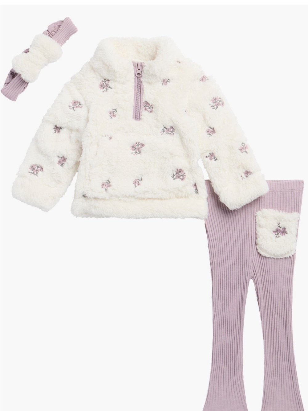 Nicole Miller Cream Teddy Fleece Floral Pullover & Lavender Ribbed Leggings Set